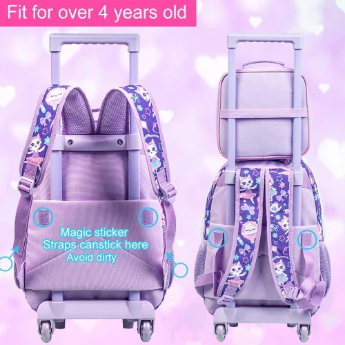 Vista 7 de Mochila con ruedas de 3 piezas para niñas y niños, bolsa de libros con ruedas de dinosaurio de unicornio