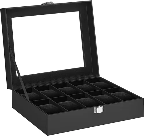 Vista 9 de SONGMICS Caja de reloj, caja de reloj de 10 ranuras con tapa de vidrio grande, almohadas extraíbles para reloj, organizador de caja de reloj, regalo