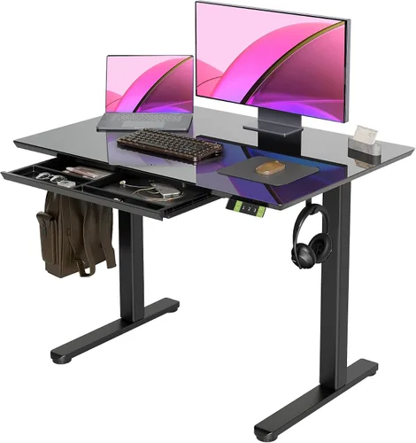 Vista 18 de INNOVAR Escritorio de pie de cristal con cajones, escritorio de pie ajustable de 32 x 19 pulgadas, escritorio de computadora de oficina en casa