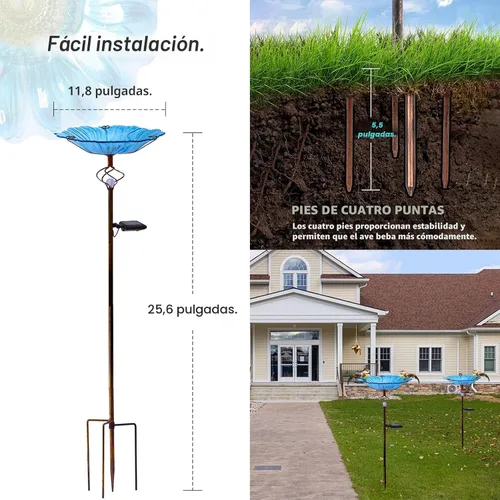 Vista 2 de Homight Comedero de aves solar de cristal azul, arte de jardín, baño para pájaros al aire libre con estaca de metal con luz LED blanca, decoración