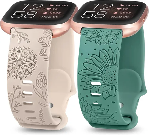 Vista 12 de Paquete de 2 correas con grabado floral compatibles con Fitbit Versa 2/Fitbit Versa/Versa Lite para mujeres, linda correa deportiva de silicona