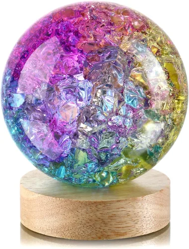 Vista 2 de Bola de cristal agrietada con hielo colorido de 3.937 in con base LED, esfera de cristales curativos para decoración del hogar Colorido-c