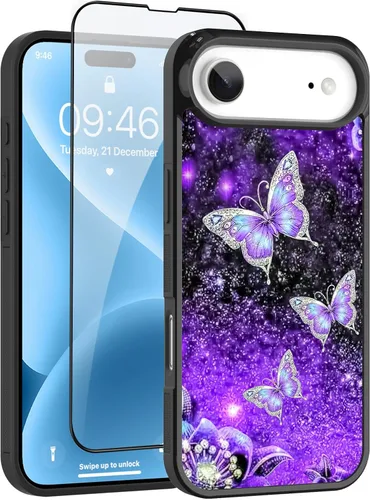 Vista 14 de OOK Diseños para iPhone 14 Pro Max Funda con Purpurina Mariposa Púrpura Diseño de Nebulosa Espacial PC Duro + TPU Suave Parachoques Antideslizante