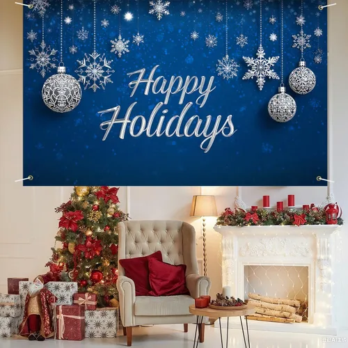 Vista 6 de Cartel de Feliz Navidad de 71 x 43 pulgadas, decoración para exteriores, fondo azul, vacaciones, fiesta de Navidad, patio, porche, decoración