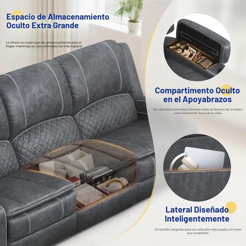 Vista 4 de Sofá reclinable de 3 plazas, sofá reclinable con consola elevable (terciopelo, gris)