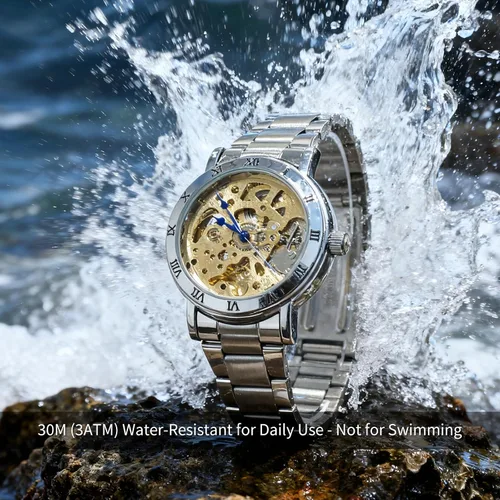 Vista 11 de Gute IK - Reloj automático para mujer, Steampunk con cuerda automática, pulsera plateada mecánica