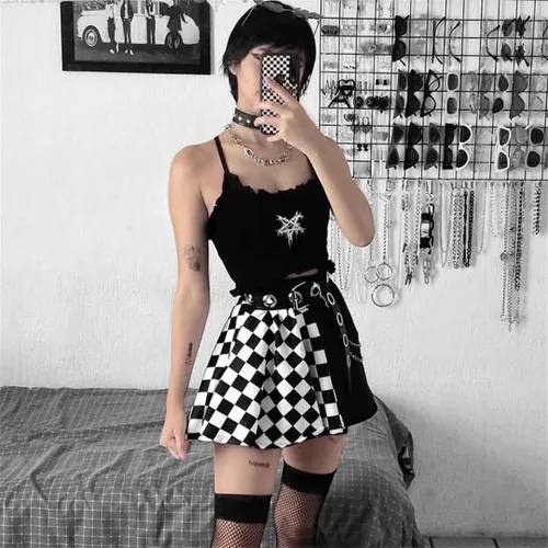 Vista 7 de Ruolai Minifalda plisada negra gótica con falda de tenis de cintura alta con cadena