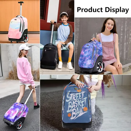 Vista 96 de NEW TILAMI Mochila con ruedas de 19 pulgadas con bolsa de almuerzo para niñas y niños, mochila para laptop con ruedas, bolsa de mano duradera
