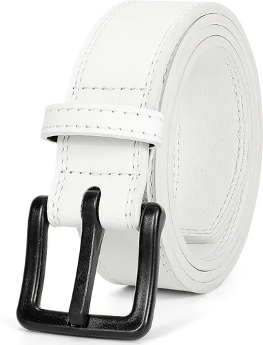 Vista 12 de XZQTIVE Cinturón de cuero hipoalergénico sin metal para hombre, cinturón de cuero para jeans y vestido, sin níquel, con hebilla negra