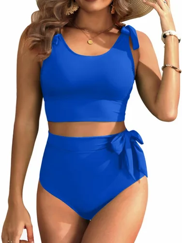 Vista 8 de Trajes de baño de dos piezas de cintura alta - Bikini con control de abdomen para mujer, traje de baño modesto 2 piezas 2025 Hot Red