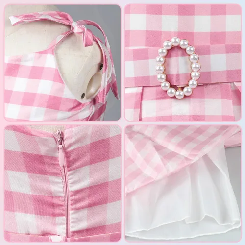 Vista 4 de Disfraz de Gingham rosa para niñas, disfraz de película, cosplay, fiesta de cumpleaños, trajes de Halloween con accesorios