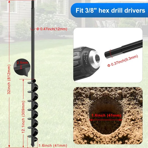 Vista 5 de Broca de taladro de jardín para plantar 1.6 x 32 pulgadas, broca negra para excavadora de agujeros, taladro de suelo para plantar bulbos, flores