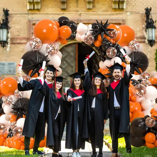 Vista 6 de Kit de arco de 161 globos de color negro, blanco y naranja, con 3 globos de papel de aluminio en explosión de estrellas para cumpleaños, graduación