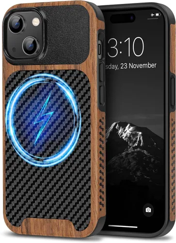 Vista 9 de TENDLIN Compatible con Funda para iPhone 15, Funda de Madera con Textura de Fibra de Carbono, Diseño Híbrido de Cuero Delgado (Negro)