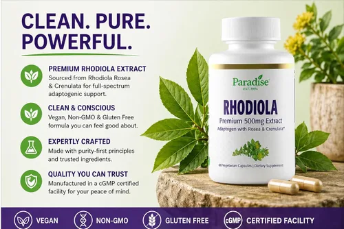Vista 2 de Paradise Herbs Extracto de Rhodiola 500 mg, antioxidante súper potente, ultra puro, vegano, sin OMG, sin gluten, 60 cápsulas vegetarianas