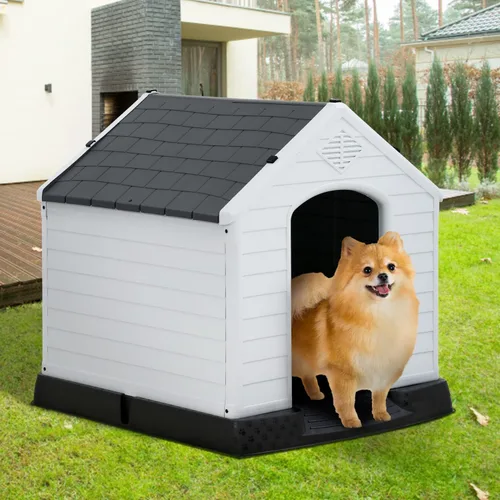 Vista 12 de Casa para perros para interiores y exteriores, impermeable, ventilada, de plástico, jaula de refugio para mascotas con ventilación y suelo elevado