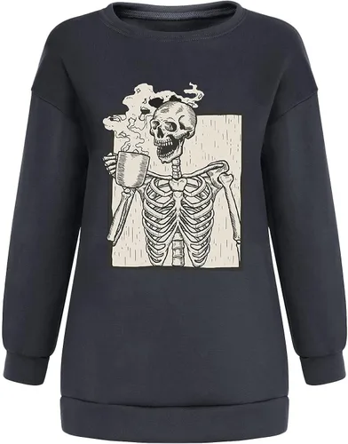 Vista 4 de Meladyan - Sudadera de forro polar con estampado de calavera de Halloween de gran tamaño, cuello redondo, manga larga, hombros caídos