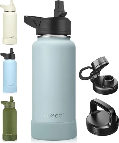 Vista 16 de CIVAGO Botella de agua aislada de 22 onzas con pajita, frasco de agua deportiva de acero inoxidable con 3 tapas