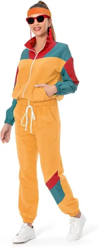 Vista 10 de Conjunto de traje de pista de bloque de color de los años 80, rompevientos de manga larga de los años 90, traje deportivo casual para mujer