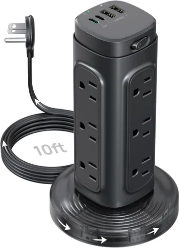 Vista 8 de TROND Torre de Regleta de Alimentación Retráctil – Regleta protectora de sobretensiones de enchufe plano con USB C PD de 20 W, cable de extensión