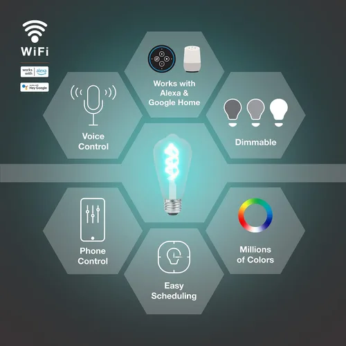 Vista 3 de Sylvania WiFi LED Smart ST19 RGBW - Bombilla de filamento de color y acabado ámbar, 7 W eficiente, para Alexa/Google Assistant, 2000 K, no requiere
