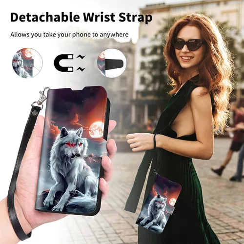 Vista 4 de Funda para Motorola Edge 2022 con protector de pantalla, soporte y tarjetero y correa para la muñeca, funda magnética para Moto Edge 2022 5G UW Lobo