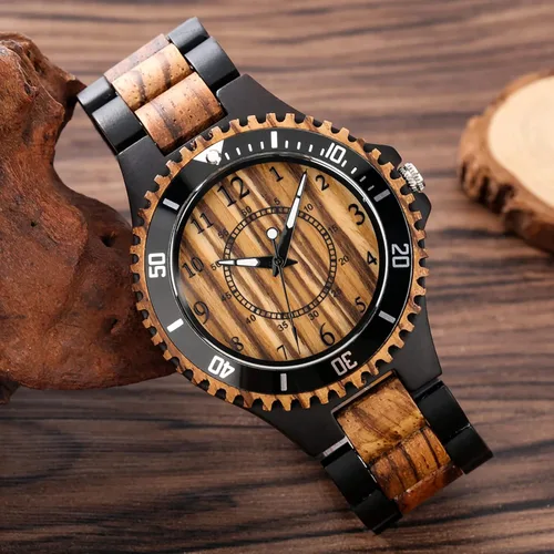 Vista 4 de Reloj de cuarzo de madera con cebra de ébano marrón y negro para hombre, cierre plegable, correa de madera, números arábigos, visualización