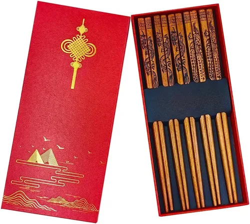 Vista 8 de Palillos reutilizables de estilo chino, palillos de dragón y fénix con soporte y bolsa de transporte, juego de palillos de madera natural (2 pares)