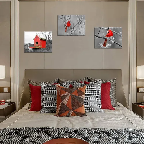 Vista 5 de SkenoArt 3 piezas de lienzo en blanco y negro para pared, póster cardenal rojo, pájaros, animales salvajes, pintura de paisajes de invierno