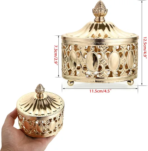 Vista 3 de Hipiwe Joyero de metal hueco con tapa, organizador de joyas con espejo dorado, anillo y aretes, collar, caja de almacenamiento para decoración