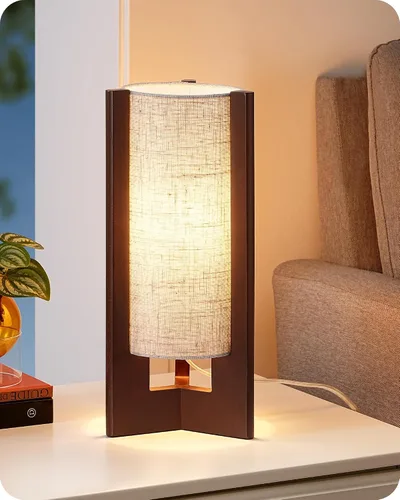 Vista 11 de EDISHINE Small Wood Table Lamp, 13.5" Modern Bedside Lamp, Beige Linen Shade, Natural Wood Cylinder Nightstand Lamp for Bedroom Living Room, On-Off