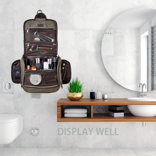 Vista 2 de Neceser de lona colgante organizador de maquillaje con gancho de metal resistente, kit de afeitado de viaje, bolsa de cosméticos portátil a granel