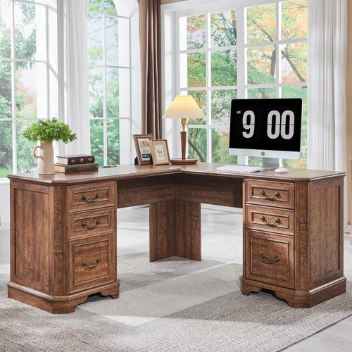 Vista 10 de T4TREAM - Escritorio ejecutivo en forma de L de 59 pulgadas con cajones, escritorio de computadora de madera estilo granja, con estación de carga