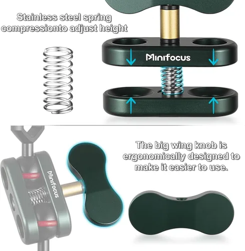 Vista 6 de MINIFOCUS Soporte de abrazadera de bola de aluminio de 1 pulgada, brazo de doble enchufe, soporte de adaptador de clip de resorte de 360°