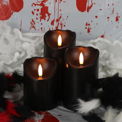 Vista 3 de Velas de pilar sin llama negras con temporizador de 6H, alimentadas por batería AAA, mecha y cera reales, velas LED parpadeantes con tema