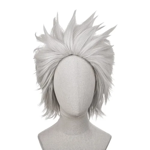 Vista 2 de Peluca corta de cosplay blanca plateada para hombre, pelucas de pelo liso de anime para Halloween