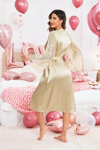 Vista 6 de Avidlove Bata tipo kimono de encaje floral para mujer, de manga larga, bata de baño, bata de novia