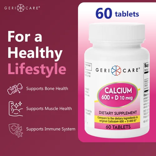 Vista 4 de GeriCare Calcio 600mg - Vitamina D 10mcg Tabletas - Salud ósea - Suplemento nutricional, 60 unidades (paquete de 1)