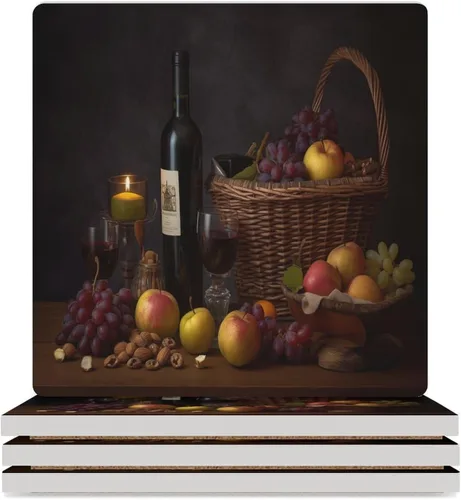 Vista 38 de 4 posavasos de vino tinto, cuadrados y modernos posavasos absorbentes de cerámica, estilo de pintura al óleo, vintage, vino tinto, uvas, rosa