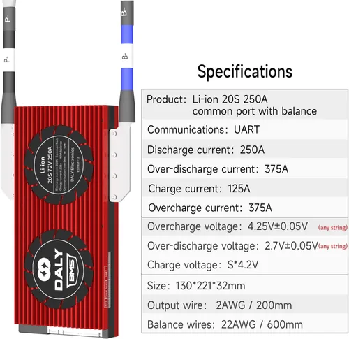Vista 89 de DALY BMS 72V Li-ion 20S 30A Tablero de protección con cable de equilibrio de puerto común para panel solar autoconstruido, sistema de suministro
