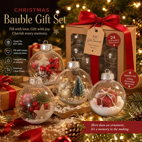 Vista 3 de 80 piezas de bolas de Navidad transparentes colgantes en masa, adornos de plástico rellenables transparentes para manualidades, DIY, con parte