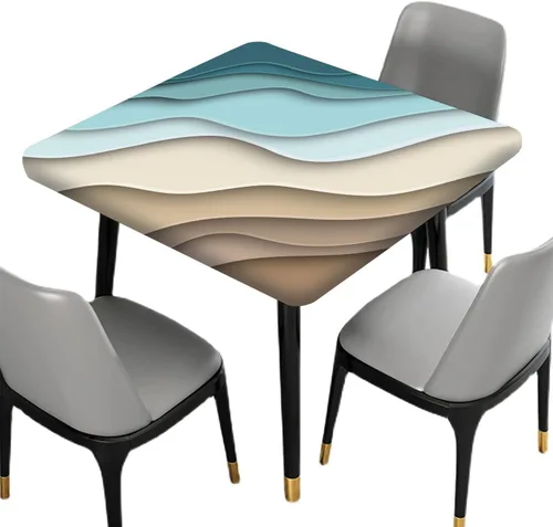 Vista 2 de Mantel cuadrado geométrico, ajustable, color turquesa, verde azulado degradado, con borde elástico, resistente a derrames y manchas, para mantel