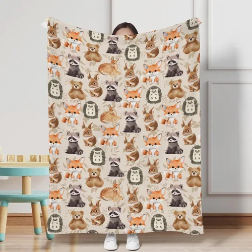 Vista 5 de Manta de bebé de animales lindos para niños y niñas, lindo oso, mapache, ciervo, conejo, erizo, manta retro de franela floral, manta de recepción