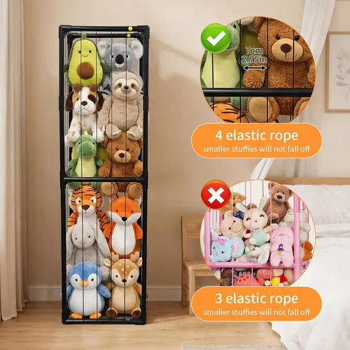 Vista 5 de Almacenamiento de animales de peluche, organizador de almacenamiento con banda elástica, tubo de PVC grueso, soporte grande para animales de peluche