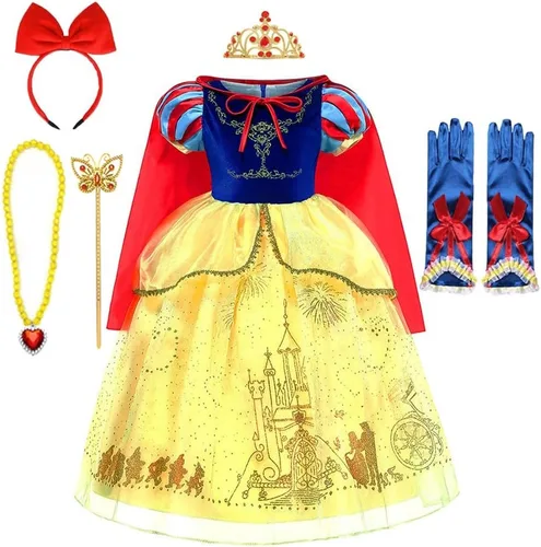 Vista 27 de MYRISAM Disfraz de princesa blanca como la nieve para niñas, Halloween, carnaval, cosplay, Navidad, cumpleaños (con accesorios para capa)