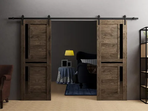 Vista 2 de SARTODOORS Puerta de granero doble resistente de 56 x 96 pulgadas Veregio 7588 roble coñac con vidrio negro Juego pesado de perchas de riel