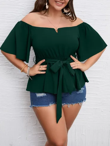 Vista 2 de SCOMCHIC Blusa peplum con hombros descubiertos para mujer, talla grande, media manga acampanada, cintura con lazo en la cintura, dobladillo
