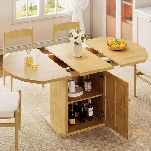 Vista 8 de iPormis Mesa de Comedor Redonda Extensible para 4-6, Mesa de Cocina Moderna de 59'', con Estante de Almacenamiento de 2 Niveles, Puerta de Madera