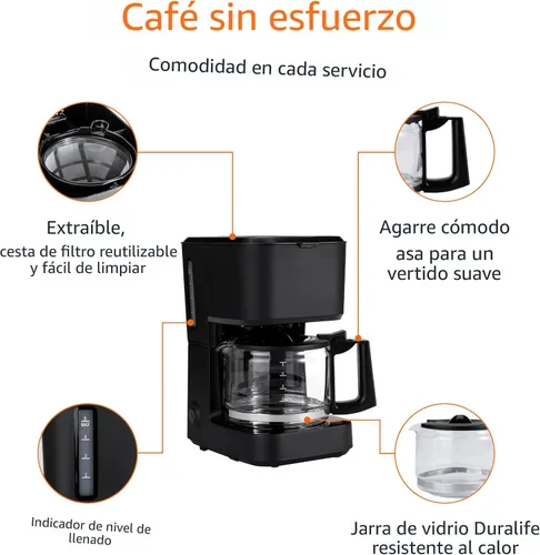 Vista 2 de Amazon Basics Cafetera de goteo de 5 tazas, cafetera con jarra de café de vidrio (0.8 Qt), apagado automático, pausa automática, cesta de filtro