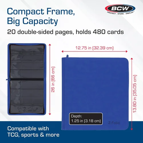 Vista 4 de BCW Z-Folio LX - Cartera con cremallera – Álbum de 12 bolsillos de cuero sintético azul premium – Cremallera segura – Capacidad de 480 tarjetas